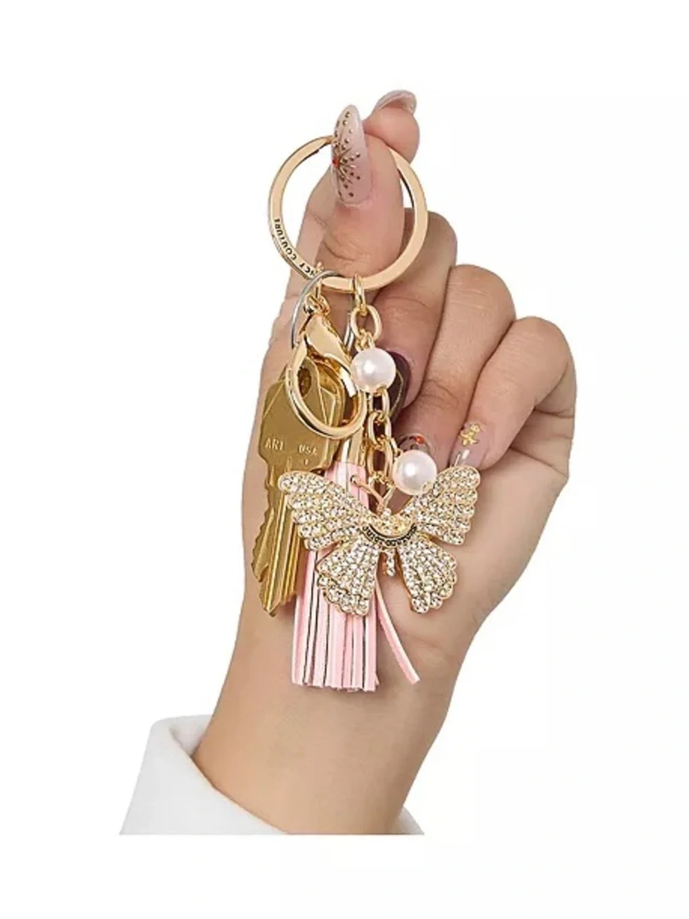 Juicy Couture Gold Crystal Butterfly Keychain with Pink Tassel